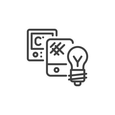 Akıllı Ev Aygıtları çizgi simgesi. Mobil konsept ve web tasarımı için doğrusal biçim işareti. Akıllı hoparlör, termostat ve ampul ana hatlı vektör simgesi. Sembol, logo çizimi. Vektör grafikleri