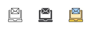 E- posta biçiminde farklı simge seti olan dizüstü bilgisayar. Çizgi, kabartma ve doldurulmuş renkli versiyon, ana hatlar ve doldurulmuş vektör işareti. Yeni e-posta sembolü, logo illüstrasyonu. Vektör grafikleri