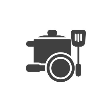 Tencere, tava ve kap-kap vektör simgesi. Mobil konsept ve web tasarımı için düz tabela. Mutfak aletleri ve yemek kabı simgesi. Mutfak gereçleri sembolü, logo çizimi. Vektör grafikleri