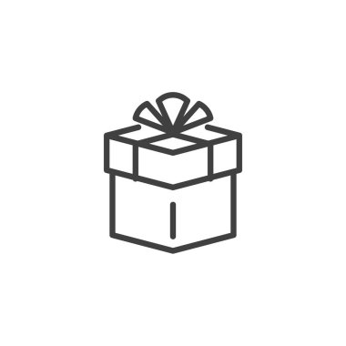 Hediye kutusu çizgisi simgesi. Mobil konsept ve web tasarımı için doğrusal biçim işareti. Yay çizgili vektör ikonlu hediye kutusu. Sürpriz sembol, logo illüstrasyonu. Vektör grafikleri