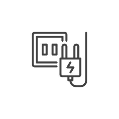Elektrik prizi ve soket hattı simgesi. Mobil konsept ve web tasarımı için doğrusal biçim işareti. Soket ve ana hatlı vektör simgesi. Sembol, logo çizimi. Vektör grafikleri
