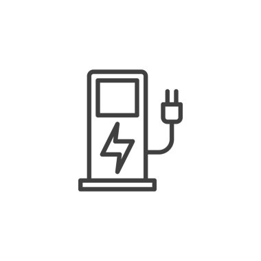 İstasyon hattı simgesi yükleniyor. Mobil konsept ve web tasarımı için doğrusal biçim işareti. Elektrikli araç şarj istasyonu kabloyla ve ana hatlı vektör ikonu ile. Sembol, logo çizimi. Vektör grafikleri