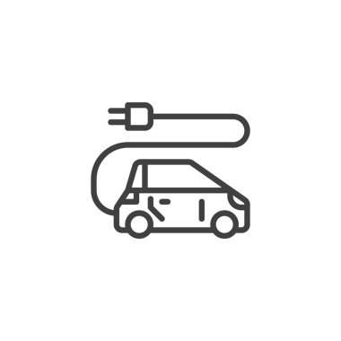 Elektrikli araba hattı simgesi. Mobil konsept ve web tasarımı için doğrusal biçim işareti. Şarj edilmiş ana hatlı vektör ikonu olan elektrikli bir araba. Sembol, logo çizimi. Vektör grafikleri