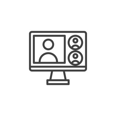 Sanal Sınıf Satır simgesi. Mobil konsept ve web tasarımı için doğrusal biçim işareti. Çoklu öğrenci avatarları olan bilgisayar ekranı vektör simgesi. Sembol, logo çizimi. Vektör grafikleri