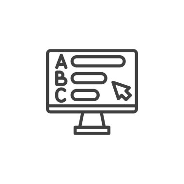 Öğrenme Sistemi Satır simgesi. Mobil konsept ve web tasarımı için doğrusal biçim işareti. İlerleme çubuklarını ve ana vektör simgesini gösteren bir bilgisayar ekranı. Sembol, logo illüstrasyonu.