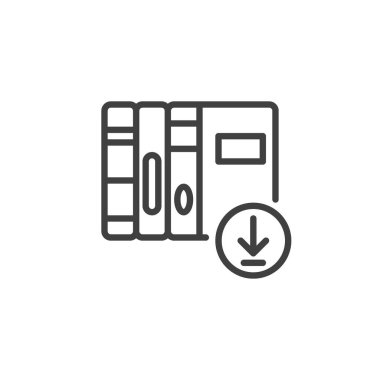 Material İndirme Satırı simgesini çalış. Mobil konsept ve web tasarımı için doğrusal biçim işareti. Bir yığın kitap içeren ok indir, vektör simgesini çiz. Sembol, logo çizimi. Vektör grafikleri