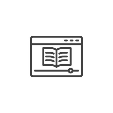 Eğitici Video İçeriği çizgi simgesi. Mobil konsept ve web tasarımı için doğrusal biçim işareti. Kitap taslağı vektör simgesi olan bir video oynatıcı. Sembol, logo çizimi. Vektör grafikleri