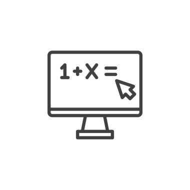 Sanal Whiteboard çizgi simgesi. Mobil konsept ve web tasarımı için doğrusal biçim işareti. Bilgisayar ekranı matematiksel örnek ana hatlı vektör simgesi. Sembol, logo çizimi. Vektör grafikleri