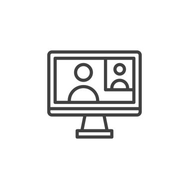 Sanal Ders Oturumu satırı simgesi. Mobil konsept ve web tasarımı için doğrusal biçim işareti. Avatarların ana hatları vektör simgesine sahip bir ekran. Sembol, logo çizimi. Vektör grafikleri