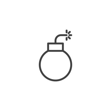 Yanmış sigorta çizgisi ikonlu yuvarlak bomba. Mobil konsept ve web tasarımı için doğrusal biçim işareti. Patlayıcı bomba ana hatlı vektör ikonu. Sembol, logo çizimi. Vektör grafikleri
