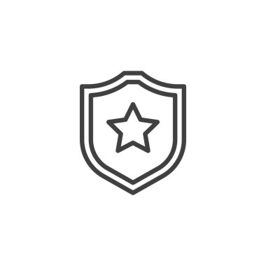 Askeri kalkan hattı ikonu. Mobil konsept ve web tasarımı için doğrusal biçim işareti. Yıldız ana hatlı vektör ikonu olan bir kalkan. Savunma ve koruma sembolü, logo çizimi. Vektör grafikleri