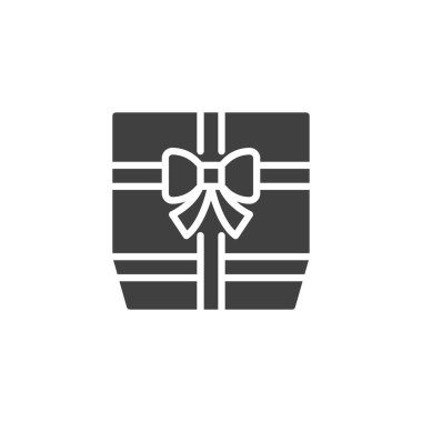 İçinde büyük bir kurdele yay vektör ikonu olan bir hediye kutusu. Mobil konsept ve web tasarımı için düz tabela. Kurdeleli Hediye Kutusu, sembol. Sembol, logo çizimi. Vektör grafikleri