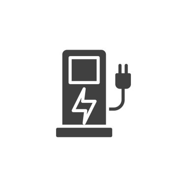 Elektrikli araç şarj istasyonu ve kablo ve fiş vektör ikonu. Mobil konsept ve web tasarımı için düz tabela. İstasyon sembolü şarj ediliyor. Sembol, logo çizimi. Vektör grafikleri