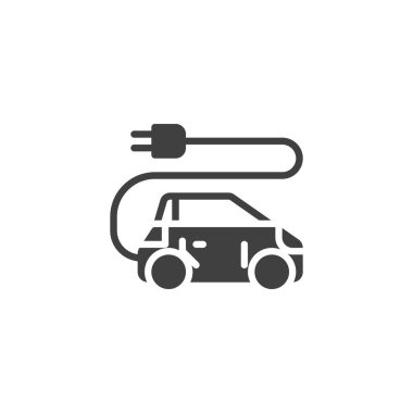Şarj vektör ikonu olan elektrikli bir araba. Mobil konsept ve web tasarımı için düz tabela. Elektrikli araba sembolü. Sembol, logo çizimi. Vektör grafikleri