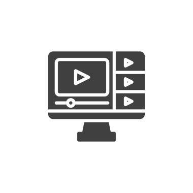 Kayıt düğmesi vektör simgesi olan bir bilgisayar ekranı. Mobil konsept ve web tasarımı için düz tabela. Kaydedilmiş konferans sembolü. Sembol, logo çizimi. Vektör grafikleri