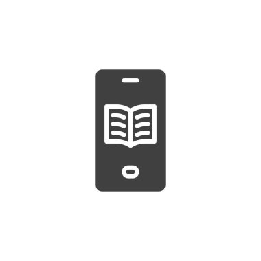 Kitap vektör ikonu olan bir akıllı telefon. Mobil konsept ve web tasarımı için düz tabela. Eğitim Uygulaması sembol simgesi. Sembol, logo çizimi. Vektör grafikleri