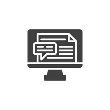 Belge ve yorum vektör simgesiyle bilgisayar ekranı. Mobil konsept ve web tasarımı için düz tabela. Çevrimiçi Peer Review glyph simgesi. Sembol, logo çizimi. Vektör grafikleri