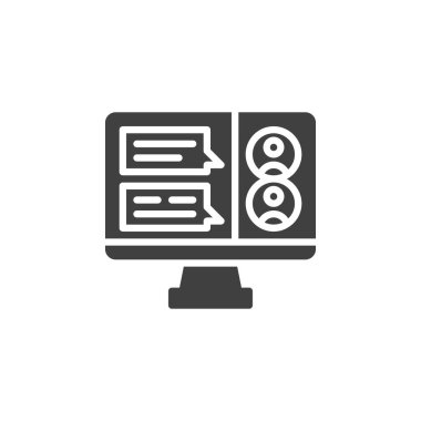 Konuşma baloncuklu bilgisayar ekranı sohbet vektör simgesi. Mobil konsept ve web tasarımı için düz tabela. Forum sembol simgesini tartışın. Sembol, logo çizimi. Vektör grafikleri