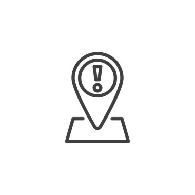 Konum Uyarı Çizgisi simgesi. Mobil konsept ve web tasarımı için doğrusal stil işareti. Harita iğnesinde ünlem işareti çizili vektör simgesi. Konum bildirim sembolü, logo illüstrasyonu. Vektör grafikleri