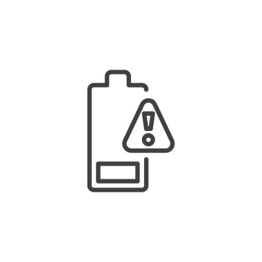 Batarya alarm hattı simgesi. Mobil konsept ve web tasarımı için doğrusal stil işareti. Uyarı sembolü olan pil ana hatlı vektör simgesi. Düşük pil veya güç uyarı sembolü, logo illüstrasyonu