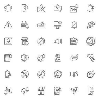 Çan çizgisi simgeleri ayarlandı. Doğrusal biçim sembolleri koleksiyonu, ana tabela işaretleri paketi. Hatırlatma vektör grafikleri. İtme bildirimi, e- posta, ileti uyarısı, sistem uyarısı olarak simgeleri ayarla