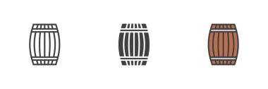 Tahta varil farklı stil ikon seti. Çizgi, kabartma ve doldurulmuş renkli versiyon, ana hatlar ve doldurulmuş vektör işareti. Şarap fıçısı sembolü, logo çizimi. Vektör grafikleri
