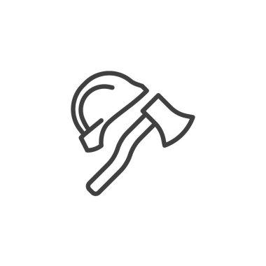 İtfaiyeci hattı ikonu. Mobil konsept ve web tasarımı için doğrusal stil işareti. Baltayla çizilmiş vektör ikonlu ateş kaskı. İtfaiye ekipmanları sembolü, logo çizimi. Vektör grafikleri