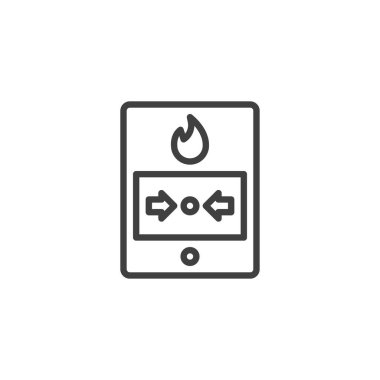 Alarm hattı simgesini ateşle. Mobil konsept ve web tasarımı için doğrusal stil işareti. Alev çizgisi vektör simgesi olan alarm zili. Yangın alarmı sembolü, logo illüstrasyonu. Vektör grafikleri
