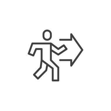 Acil çıkış çizgisi simgesi. Mobil konsept ve web tasarımı için doğrusal stil işareti. Bir ok ana hatlı vektör simgesi ile çalışan figür. Tahliye güzergahı sembolü, logo çizimi. Vektör grafikleri