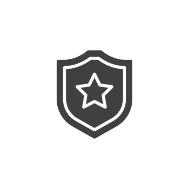 Yıldız vektör simgesi olan bir kalkan. Mobil konsept ve web tasarımı için düz tabela. Askeri kalkan sembol simgesi. Savunma ve koruma sembolü, logo çizimi. Vektör grafikleri