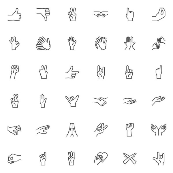 Hand gesture line icons set. linear style symbols collection, outline signs pack. Gesturing hands vector graphics. Set includes icons as Thumbs Up, Peace Sign, Fist Bump, Handshake, Finger Crossed