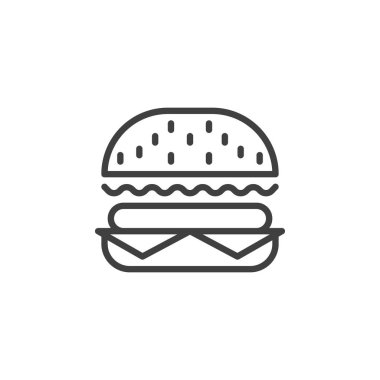 Hamburger çizgisi ikonu. Mobil konsept ve web tasarımı için doğrusal stil işareti. Köfteli, marullu ve peynirli klasik burger. Fast food sembolü, logo çizimi. Vektör grafikleri