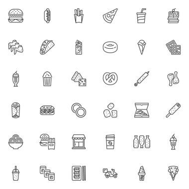 Fast food menü çizgisi simgeleri ayarlandı. Doğrusal biçim sembolleri koleksiyonu, ana tabela işaretleri paketi. Yiyecek ve içecek vektör grafikleri. Tatlı tatlı ikonlar, hamburger, meşrubat, içecek, pizza, çörek