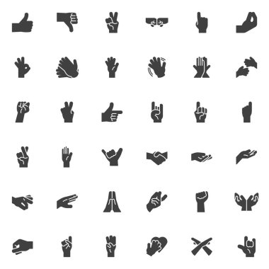 Hareketli el işaretleri vektör simgeleri seti, modern katı sembol koleksiyonu doldurulmuş biçim piktogram paketi. Logo illüstrasyonu işaretleri. Set başparmaklar yukarı, barış işareti, yumruk tokalaşması, el sıkışma, parmak çapraz olarak simgeleri içerir