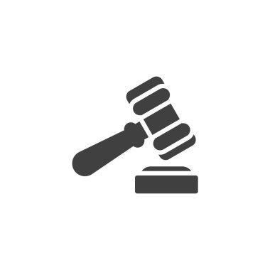 Hakimler tokmak vektör ikonu. Mobil konsept ve web tasarımı için düz tabela. Gavel sembol simgesi. Adalet veya hukuki karar sembolü, logo illüstrasyonu. Vektör grafikleri