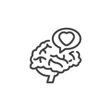 Psikoterapi hattı ikonu. Mobil konsept ve web tasarımı için doğrusal biçim işareti. Kalp ve beyin ana hatları vektör ikonu olan bir sohbet balonu. Sembol, logo çizimi. Vektör grafikleri