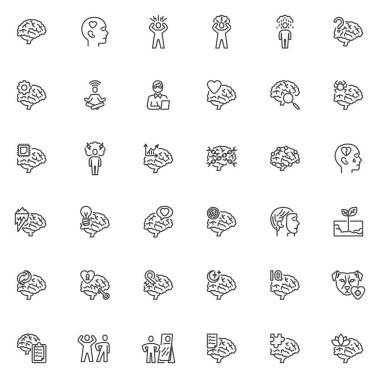 Psikolojiyle ilgili çizgi simgeleri ayarlandı. Doğrusal biçim sembolleri koleksiyonu, ana tabela işaretleri paketi. Zihinsel sağlık vektör grafikleri. Seti insan beyni, psikolog, zeka, nöroloji ve stres olarak simgeleri içerir