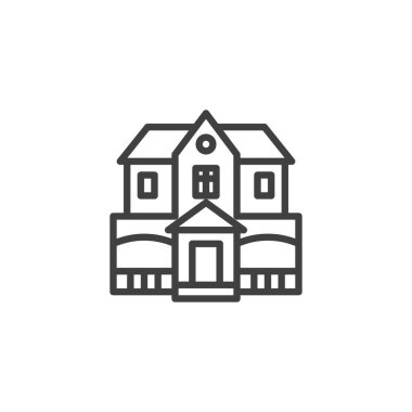 Perili Ev çizgi ikonu. Mobil konsept ve web tasarımı için doğrusal biçim işareti. Ürkütücü bir ev çizgisi vektör ikonu. Sembol, logo çizimi. Vektör grafikleri