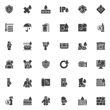 Su geçirmez vektör simgeleri seti, modern katı sembol koleksiyonu, doldurulmuş biçim piktogram paketi. İşaretler, logo illüstrasyonu. Set, su direnci, yağmura dayanıklı ceket, su damlası, yağmur damlası gibi simgeleri içerir