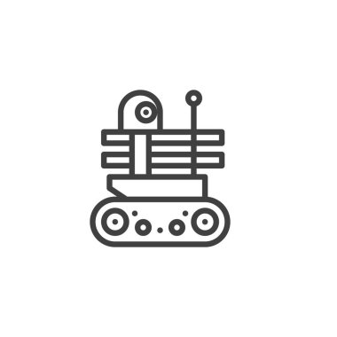 Askeri Robot hattı ikonu. Mobil konsept ve web tasarımı için doğrusal biçim işareti. Robot, askeri amaçlı vektör ikonu tasarımı için tasarlandı. Sembol, logo çizimi. Vektör grafikleri