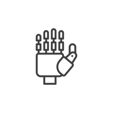 Robot El çizgisi simgesi. Mobil konsept ve web tasarımı için doğrusal biçim işareti. Eklemli parmakları vektör simgesini çizen mekanik bir el. Sembol, logo çizimi. Vektör grafikleri