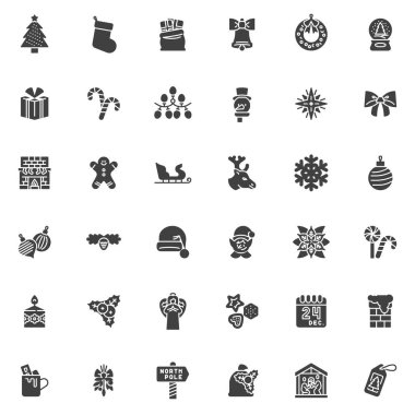 Noel ve Yeni Yıl öğeleri vektör simgeleri seti, modern katı sembol koleksiyonu, doldurulmuş resim paketi. İşaretler, logo illüstrasyonu. Set simgeleri Noel ağacı, Noel Şapkası, Kış Kar Tanesi