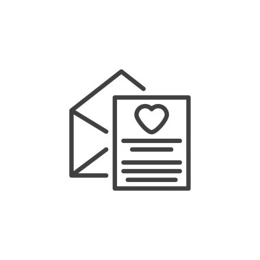 Aşk Mektup satırı simgesi. Mobil konsept ve web tasarımı için doğrusal biçim işareti. İçinde kalp mesajı ana hatlı vektör simgesi olan zarf. Romantik iletişim sembolü, logo çizimi. Vektör grafikleri