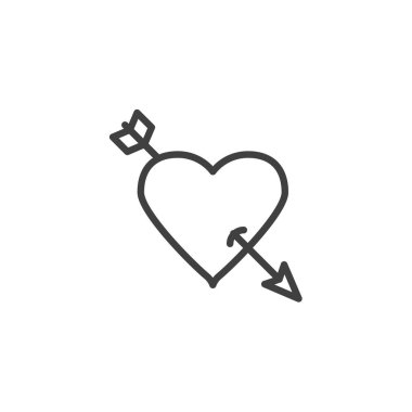 Aşk Tanrısı Ok çizgi simgesi. Mobil konsept ve web tasarımı için doğrusal biçim işareti. Kalbi ok hatlı bir vektör ikonu delmiş. Aşk sembolü, logo illüstrasyonu. Vektör grafikleri