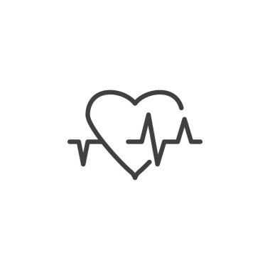 Kalp atışı çizgisi simgesi. Mobil konsept ve web tasarımı için doğrusal biçim işareti. ECG taslak vektör ikonuna sahip bir kalp. Nabız sembolü, logo çizimi. Vektör grafikleri