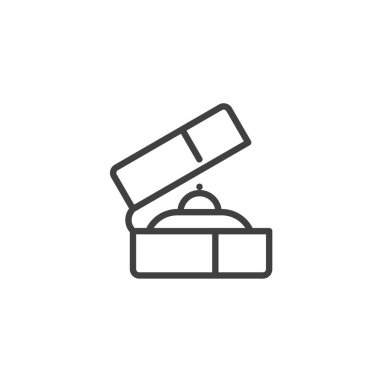 Yüzük kutusu çizgisi simgesi. Mobil konsept ve web tasarımı için doğrusal biçim işareti. Üzerinde nişan yüzüğü olan küçük bir kutu vektör ikonu. Teklif sembolü, logo çizimi. Vektör grafikleri