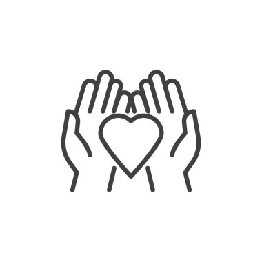 Heart in Hands çizgi ikonu. Mobil konsept ve web tasarımı için doğrusal biçim işareti. Eller bir kalp çizgisi vektör simgesini tutuyor. Aşk sembolü, logo illüstrasyonu. Vektör grafikleri