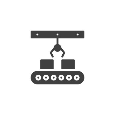 Robot kol ve taşıyıcı şerit vektör ikonu. Mobil konsept ve web tasarımı için düz tabela. Robot Fabrikası sembolü. Sembol, logo çizimi. Vektör grafikleri