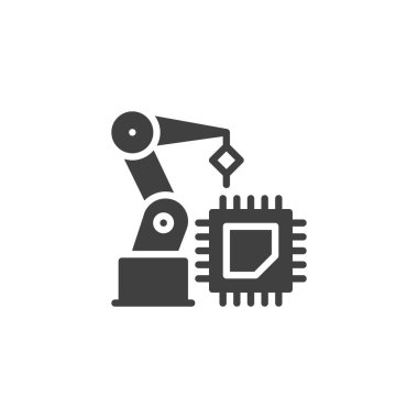 Robot kol ve mikroçip vektör ikonu. Mobil konsept ve web tasarımı için düz tabela. Montaj simgesinde robot kollar var. Sembol, logo çizimi. Vektör grafikleri