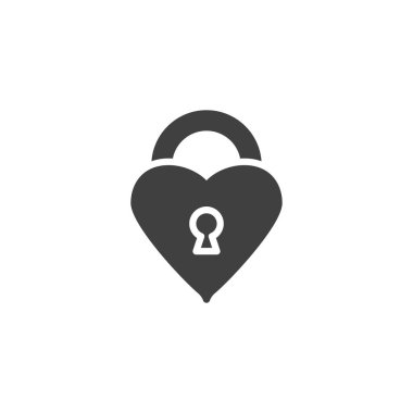 Kalp şeklindeki asma kilit vektör simgesi. Mobil konsept ve web tasarımı için düz tabela. Aşk Kilidi sembol simgesi. Aşk ve vaatler sembolü, logo illüstrasyonu. Vektör grafikleri